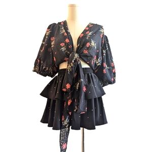 🎀 Couture 🎀 black floral blouse and black ruffled mini skirt set